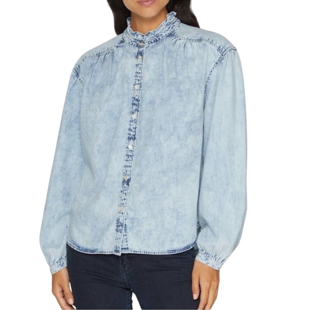 GAP Blouse Womens XL Acid Wash Light Blue Ruffle Neck Button Down EUC